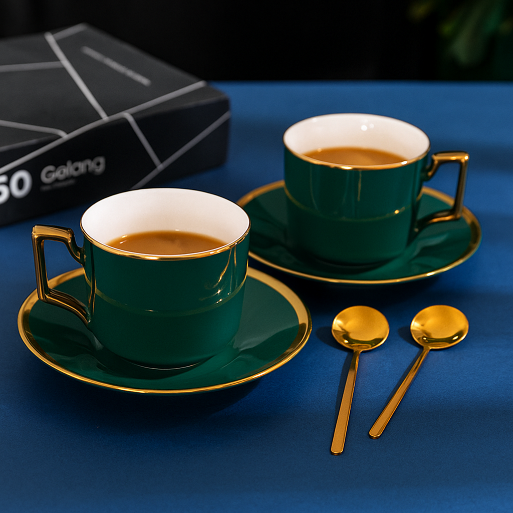 Dark Green Ceramic Coffee Cup with Spoon and Saucer