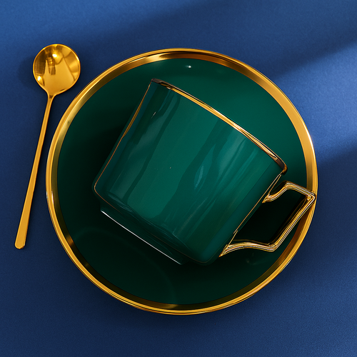 Dark Green Ceramic Coffee Cup with Spoon and Saucer
