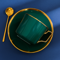Dark Green Ceramic Coffee Cup with Spoon and Saucer